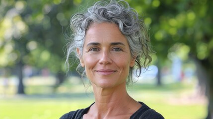 A grey-haired woman with a cheerful expression in a park decorated with lush green foliage.