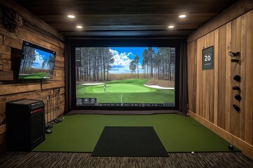 modern indoor golf simulator club interior design professional photography