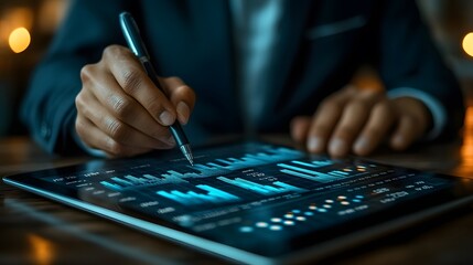 Businessman uses digital tablet to analyze and calculate financial data with economic growth graph, business strategy and planning.