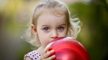 Little blond girl holding a red balloon at her face