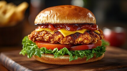 Wall Mural - Delicious crispy chicken burger with lettuce, tomatoes, and cheese on a wooden board, showcasing a mouthwatering meal with vibrant colors.