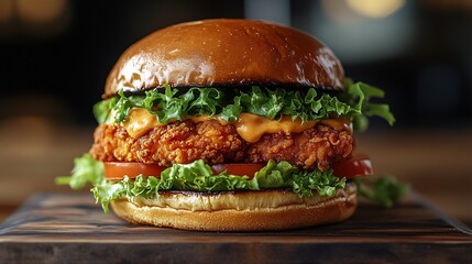 Wall Mural - Crispy chicken burger topped with fresh lettuce, tomatoes, and melted cheese, served on a wooden board, a tempting and appetizing scene.