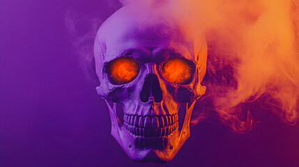 Canvas Print - skull on a solid purple background, orange smoke goes through the eyes of the skull modern Halloween poster