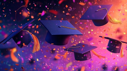 Caps flying with golden ribbons and confetti, celebrating university graduation and student achievements in a vibrant, modern illustration.