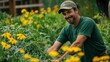 © Ganesha88 - A photo of an organic farm in New York City. The farmer in a green shirt picks fresh vegetables and herbs from his garden, wearing a baseball cap. He smiles as he brings his produce to his work area.