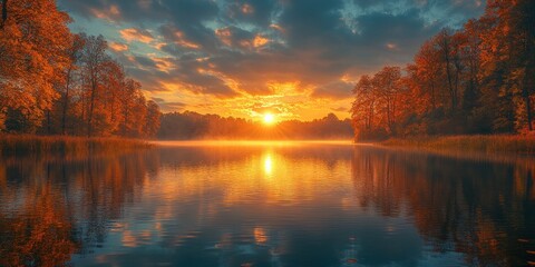 Sticker - Golden Sunset Reflecting on a Still Lake with Autumn Trees