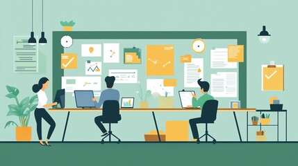 Poster - Three People Working at Desks in a Modern Office