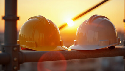 Close-up of a yellow construction helmet on architectural blueprints with rulers and drafting tools, ideal for construction and planning ads.







