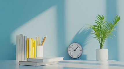 Wall Mural - Minimalist Desk Setup with Books, Clock, and Plant