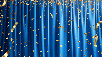 Blue Curtain Background with Golden Confetti Banner