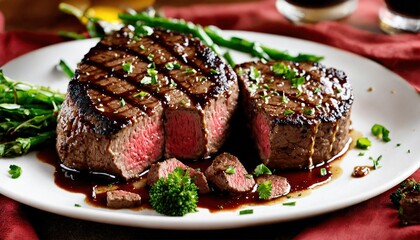 Beef steaks with asparagus and balsamic vinegar. ai generative