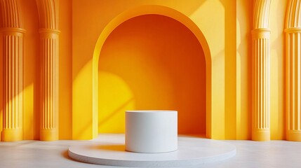 Yellow pedestal with a white top, complemented by an orange arch backdrop, modern and vibrant design ideal for product displays or event staging.