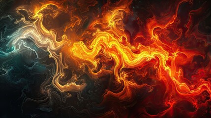 Poster - Dynamic patterns of swirling flames in vibrant hues on a dark smoky background