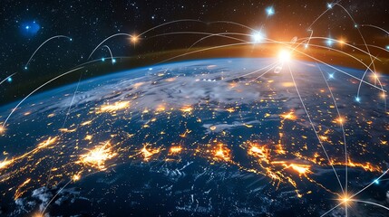 Wall Mural - A view of earth from space, with lines connecting cities and a sun shining.