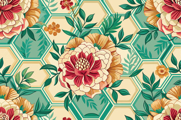 Poster - A continuous pattern of hexagonal lattice interspersed with elegant floral motifs, creating a harmonious design.