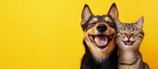 Wall Mural - Vet banner with pets and copy space for text. Dog and cat smiling with happy expression and closed eyes. Isolated on yellow background