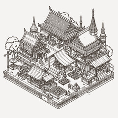 line art isometric illustration of traditional market