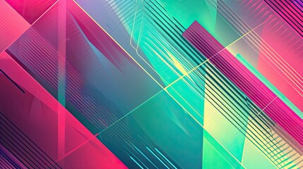 Vibrant magenta and cyan blend into sharp angular shapes on a dynamic retro backdrop