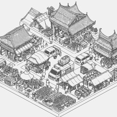 line art isometric illustration of traditional market