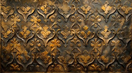 Decorative metal panel background with antique gold finish and intricate patterns