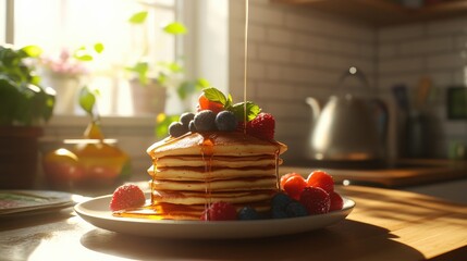 Delicious vegan pancakes topped with fresh blueberries and raspberries are served in a cozy kitchen filled with morning light, creating a warm breakfast atmosphere