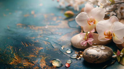 Spa and wellness center background. Beautiful spa massage composition, design for beauty salon website. Zen stones for massage, candles and flowers.