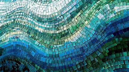 Wall Mural - Mosaic wall background with tiny blue and green tiles creating wave patterns