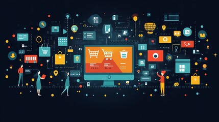 Poster - People Interacting with Digital Interface Filled with Shopping Cart Icons