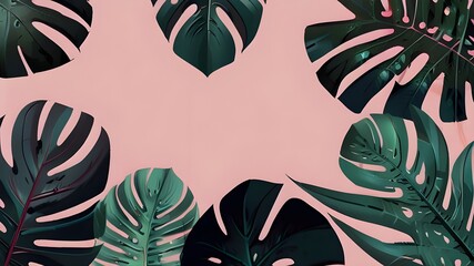 Pink summer tropical background vector. Palm leaves, monstera leaf, Botanical background design for wall framed prints, Generative AI