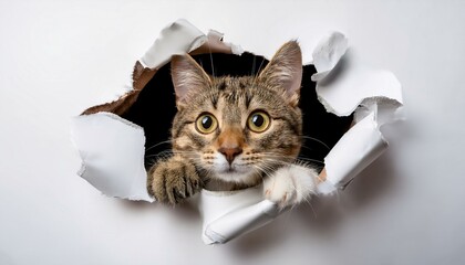 Playful Surprise: Tabby Cat's Curious Gaze Through a Shredded White Paper