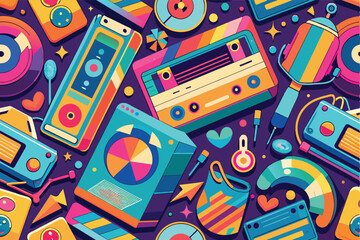 Poster - A seamless design showcasing retro music elements, such as old-school turntables, cassette players, and colorful musical notes.