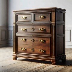 Chest of drawers, a wooden cabinet with drawers isolated in the middle of the room. 3D rendering.