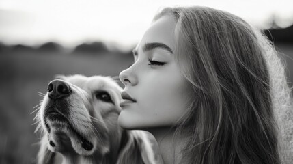 Poster - A woman kissing a dog in a field