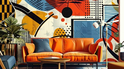 Wall Mural - Wallpaper with comic book pop art aesthetic orange hues geometric shapes and halftone textures