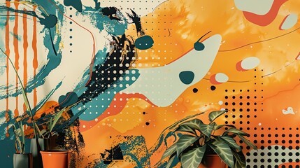 Canvas Print - Pop art wallpaper in orange with abstract speed lines and playful dotted textures