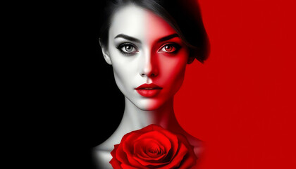 Wall Mural - A woman's face is shown with a red rose in the center