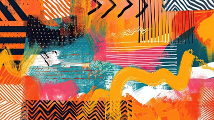 Wall Mural - Pop art-inspired background in orange with zigzag patterns and layered textures