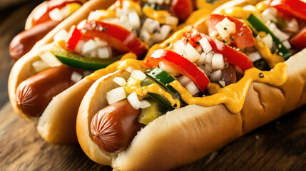 Sticker - Close-up image of delicious hot dogs topped with mustard, chopped onions, and sliced red and green bell peppers, placed in soft buns on a wooden surface.