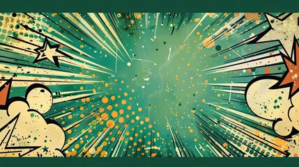 Wall Mural - Comic book background in green with bold starbursts explosions and halftones