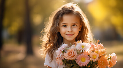 Wall Mural - Little girl with bouquet of flowers