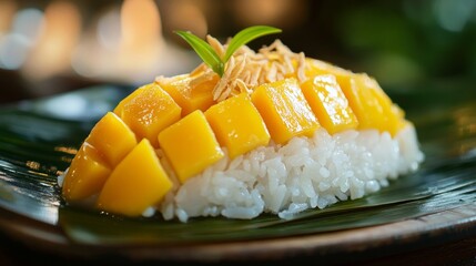 Mango sticky rice on a white plate