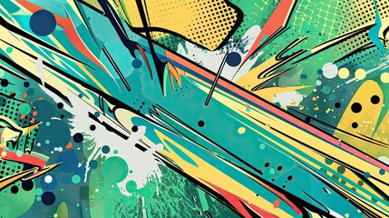 Green backdrop with pop art vibes motion lines comic shapes and intricate dotted textures