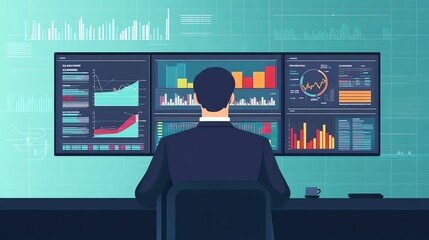 Poster - Businessman analyzing data on multiple monitors