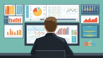 Poster - Businessman Analyzing Data on Multiple Monitors