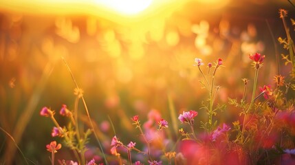 Wall Mural - A field of flowers with a pink flower in the foreground