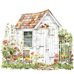 Wall Mural - watercolor of a garden cottage