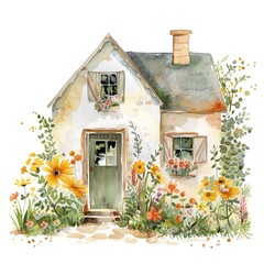 Wall Mural - watercolor of a garden cottage