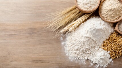 This image displays a variety of flour types and wheat grains spread on a rustic wooden surface. The rustic setting and variety of grains emphasize the natural and wholesome qualities associated with