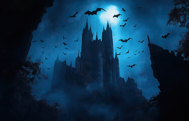 Wall Mural - house of horror Cemetery and Bats. Halloween concept