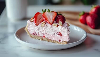 Wall Mural - Strawberry cream pie sweet cream fruity pastry snack food for teatime on plate